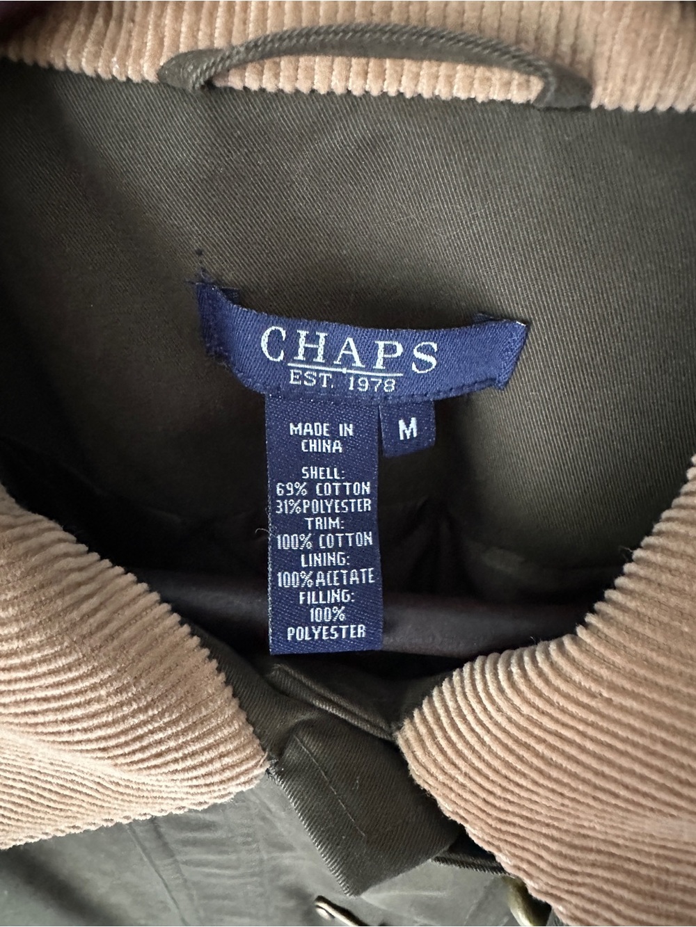 Chaps Olive Green Field Jacket with Tan Corduroy Collar - Picture 4 of 9